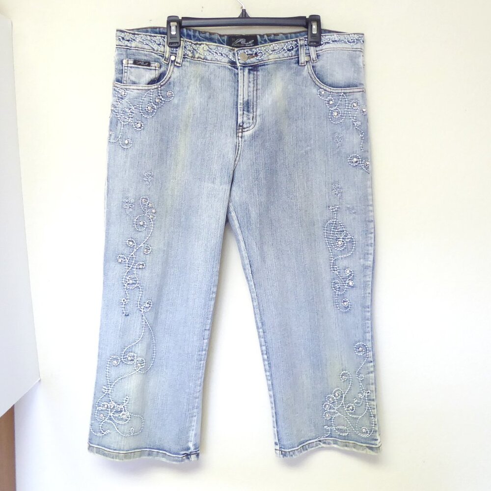 Platinum Plush acid wash cropped embroidered rhinestone wide leg jeans size 17